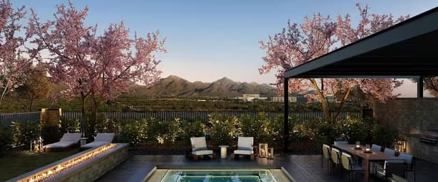 Rooftop pool deck with lounge chairs, fire pit, and mountain views framed by blooming pink trees